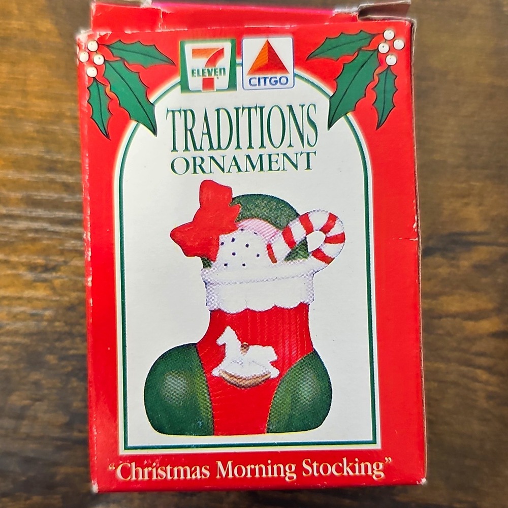 Traditions 1992 Collection Christmas Morning Stocking Ceramic Ornament 7-Eleven
